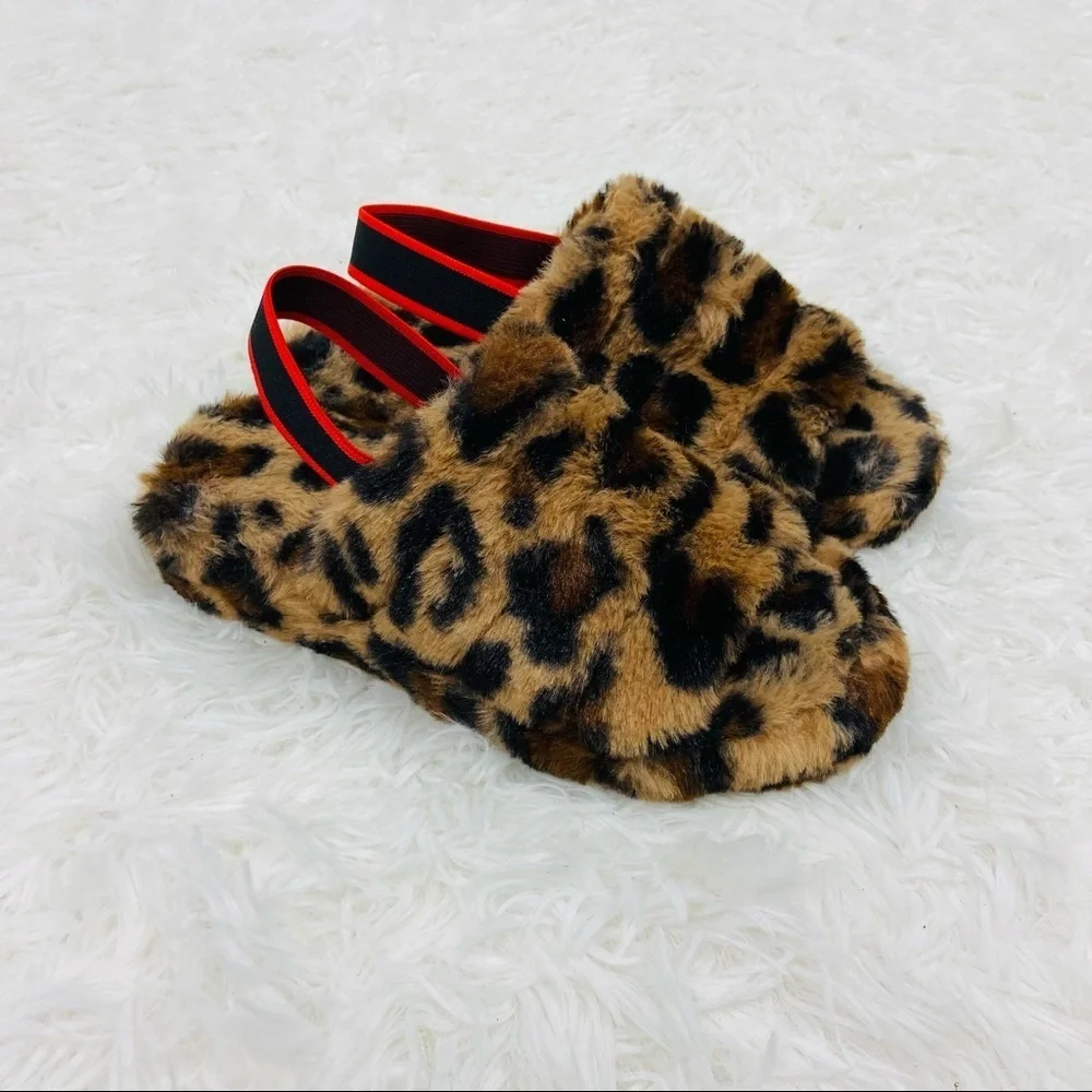 UNBRANDED girls leopard animal print open toe snuggly fleece warm slippers SZ 3